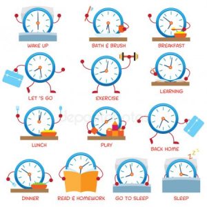 clocks representing different actives in the day