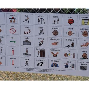 communication sign installed on chain link fence.