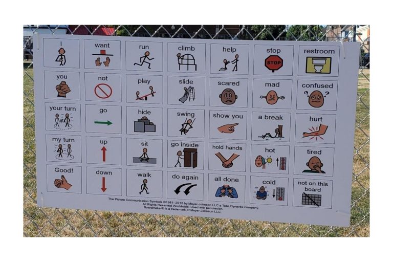communication sign installed on chain link fence.