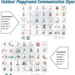 Picture of 2 communication boards with vocabulary for playground play using 2 different icon symbol systems.
