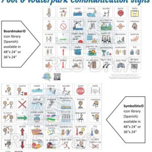 Picture of 2 communication boards with vocabulary for pool using 2 different icon symbol systems.