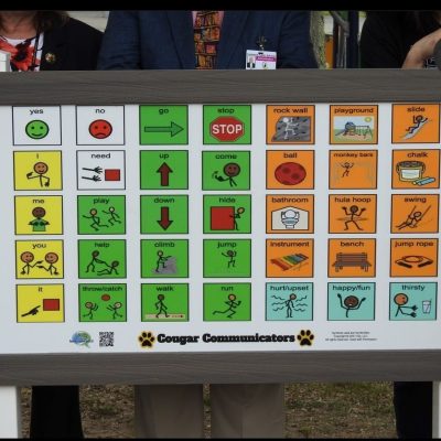 Close up of playground communication board installed at Wood Park Intermediate School