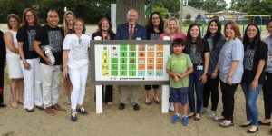Smiling teachers, therapists, administrators and students standing around a newly installed playground communication board