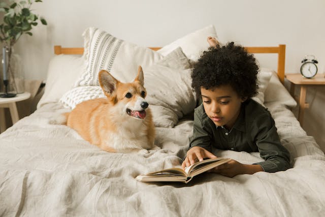 boy reading book to dog