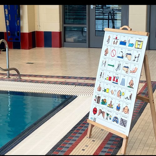 Waterproof and UV-resistant pool communication board for aquatic centers and waterparks.